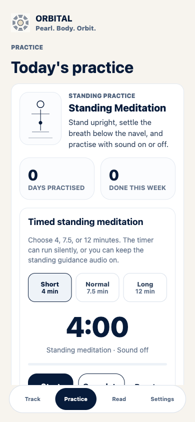 Orbital Practice screen showing standing meditation controls